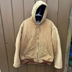 Vintage Carhartt J140 BRN Canvas Jacket Large Tall Hooded Quilted Distressed USA